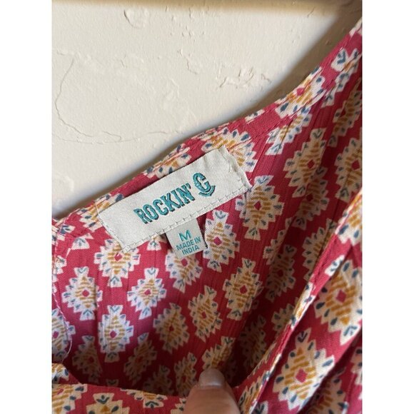 New! Rockin' G Tribal Aztec Geometric Southwestern Peasant Top Sweetheart Smocki - Picture 8 of 9